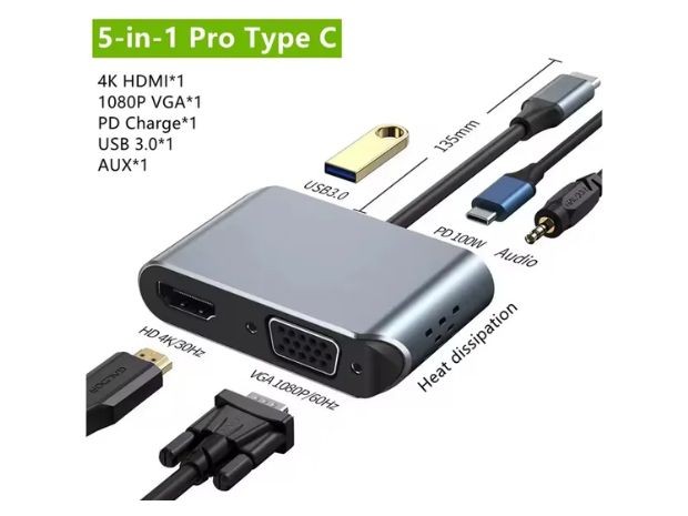 &u+ HUB TIPO C + HDMI + VGA + USB 2.0 X 2+ PLUG + PD HC-11
